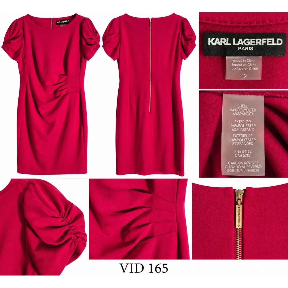VID 165 Karl Lagerfeld Paris Dress 12 Fuchsia Pink Ruched Puff Sleeve Sheath